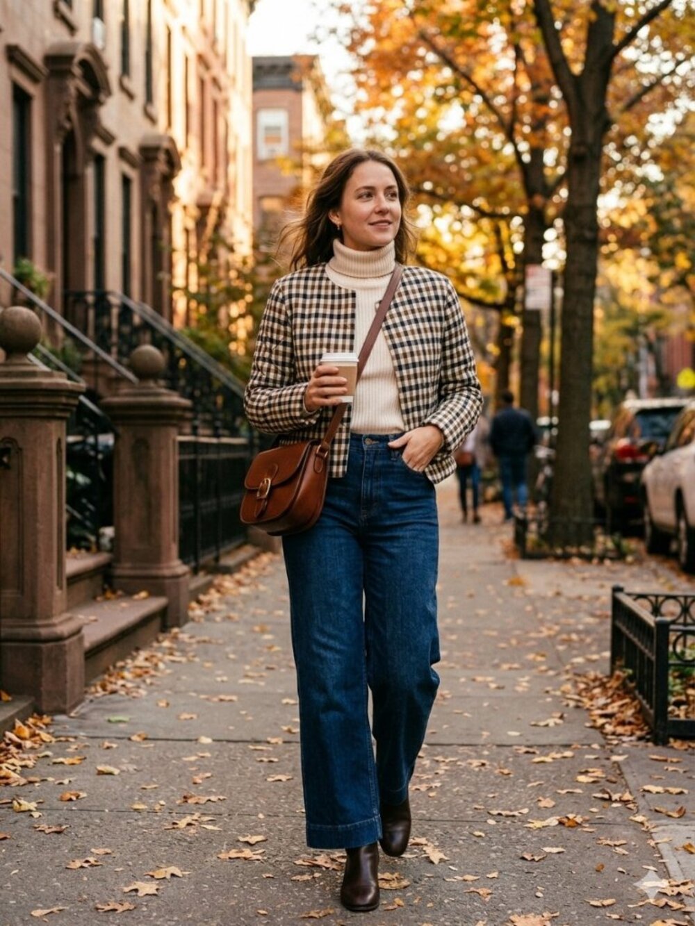 Quilted Gingham Check Collarless Open Front Crop Jacket - Autumn Brown - Size L